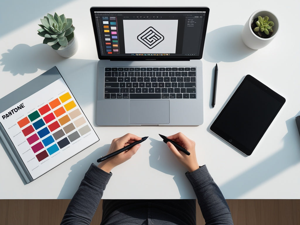 Grafikdesign-Arbeitsplatz mit Laptop, Vektor-Logo und Pantone-Farbfächer